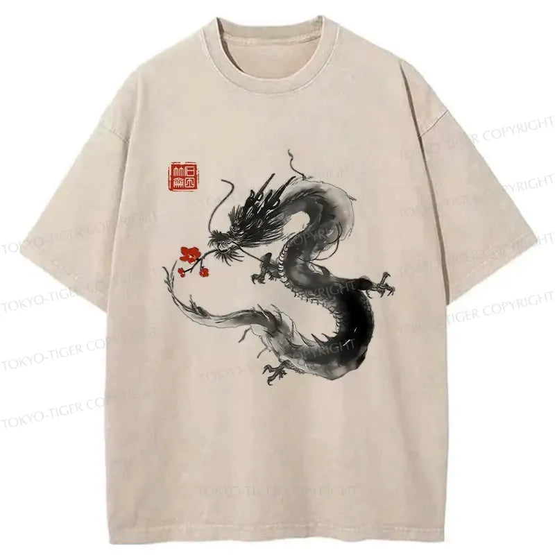 Kyoto-Lion Dragon Holding A Flower Washed T-Shirt