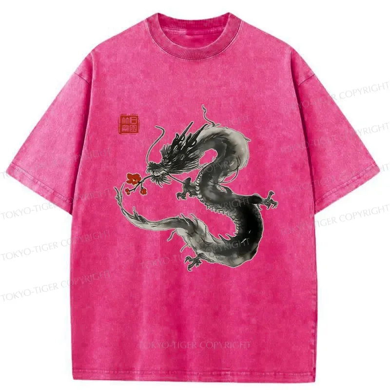 Kyoto-Lion Dragon Holding A Flower Washed T-Shirt
