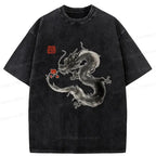 Japanese Dragon Holding Flower Washed T-Shirt