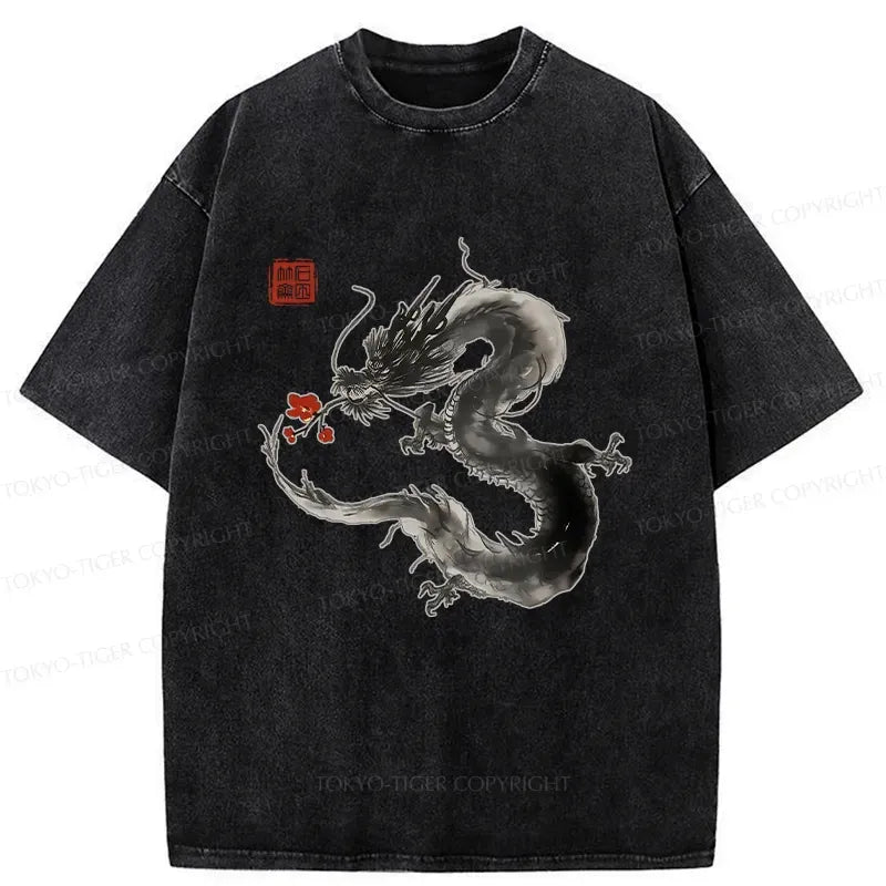 Japanese Dragon Holding Flower Washed T-Shirt