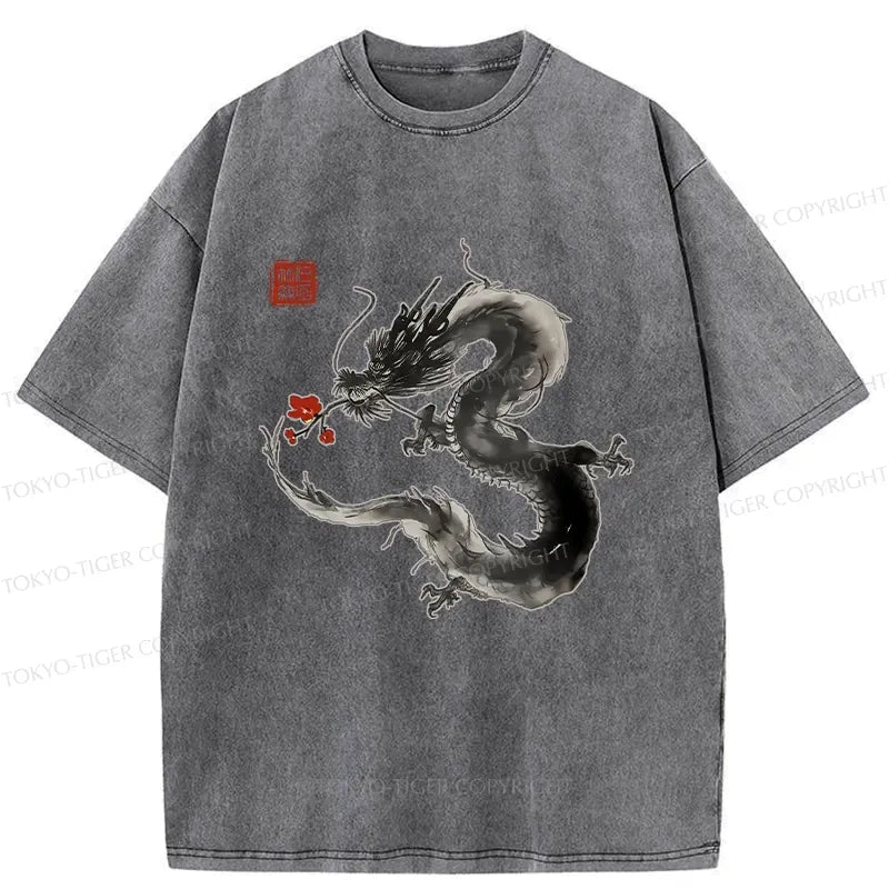 Japanese Dragon Holding Flower Washed T-Shirt