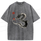 Japanese Dragon Holding Flower Washed T-Shirt