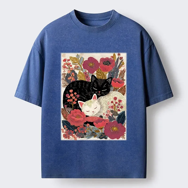 Kyoto-Lion Sleeping Cats In Flower Garden Washed T-Shirt