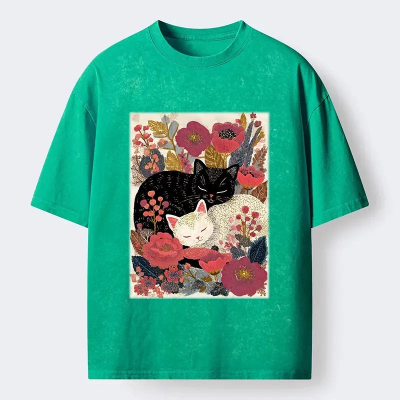 Kyoto-Lion Sleeping Cats In Flower Garden Washed T-Shirt