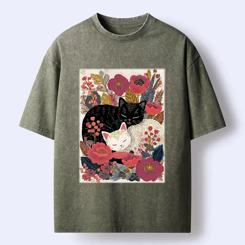 Kyoto-Lion Sleeping Cats In Flower Garden Washed T-Shirt