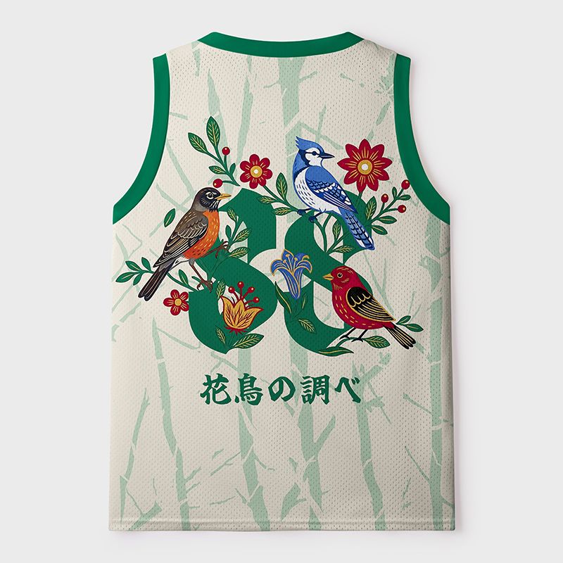 Kyoto-Lion Floral Birdsong Mesh Tank Top