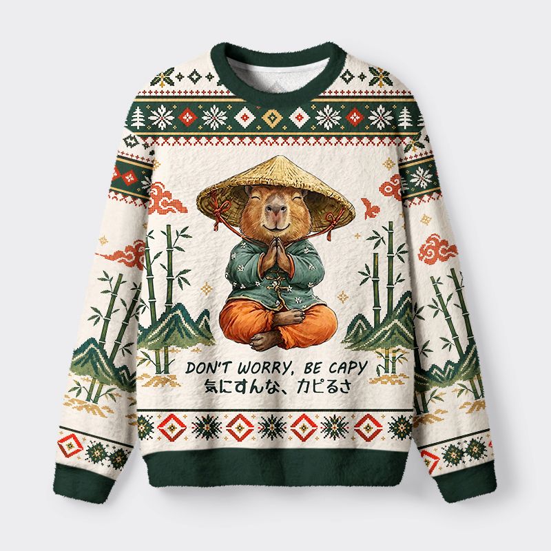 Kyoto-Lion Zen Capybara Funny Meme Fuzzy Christmas Ugly Sweatshirt