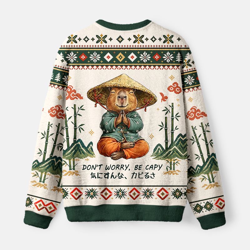 Kyoto-Lion Zen Capybara Funny Meme Fuzzy Christmas Ugly Sweatshirt