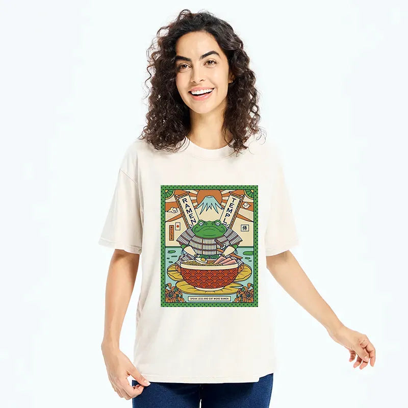 Kyoto-Lion Frog Samurai Eating Ramen Washed T-Shirt