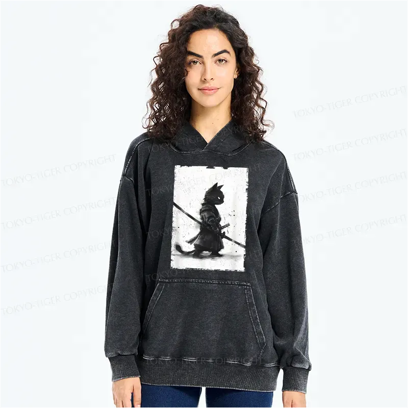 Kyoto-Lion Retro Cat Samurai Japanese Washed Hoodie