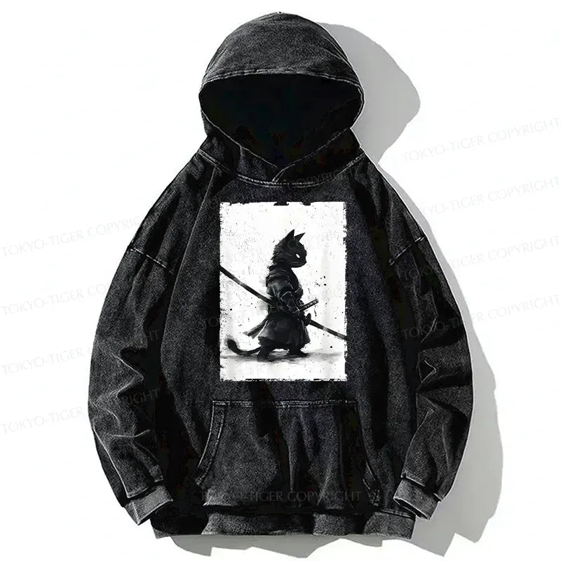 Kyoto-Lion Retro Cat Samurai Japanese Washed Hoodie
