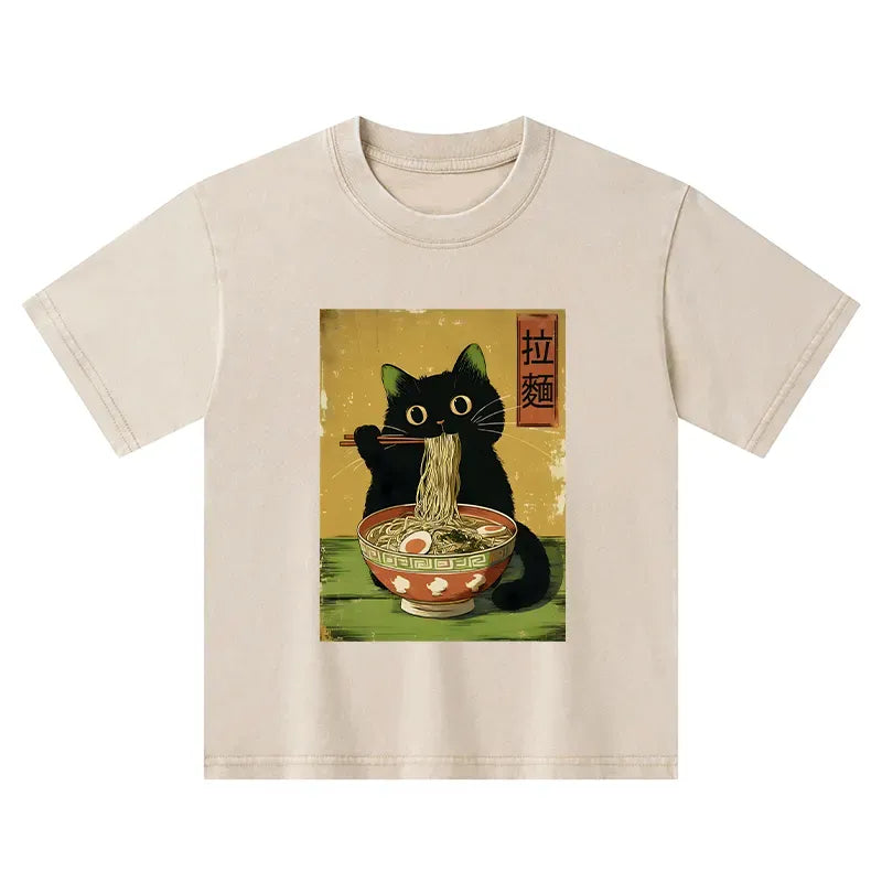 vintage japanese cat eating ramen kids t-shirt