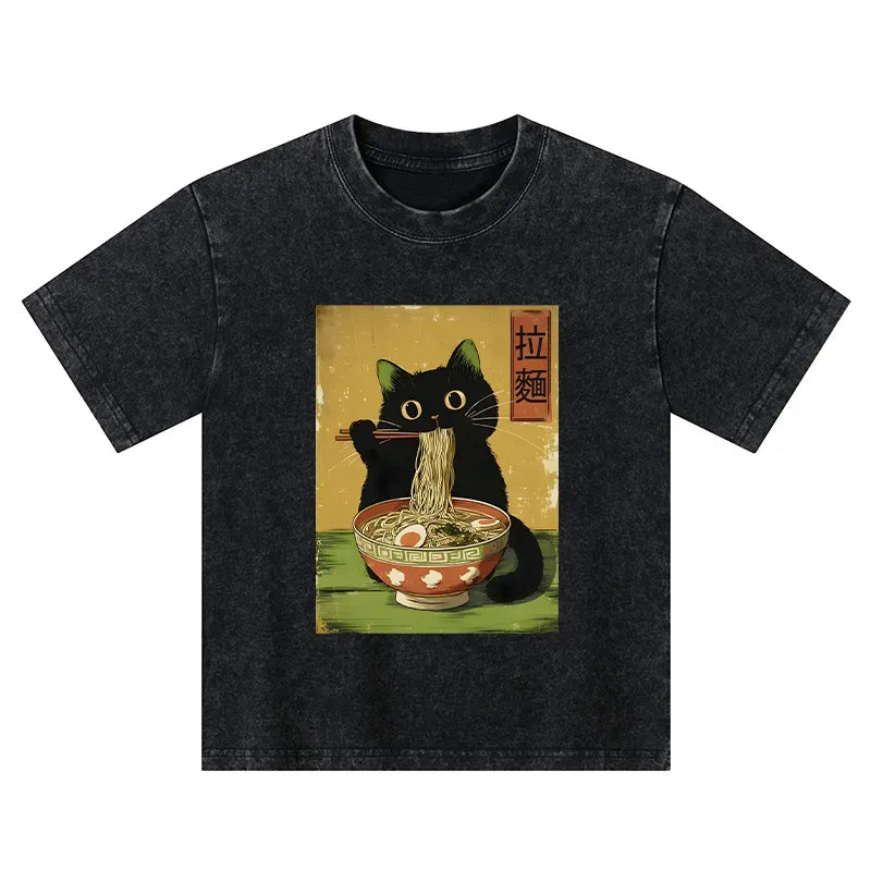 japanese cat eating ramen washed t-shirt for kids