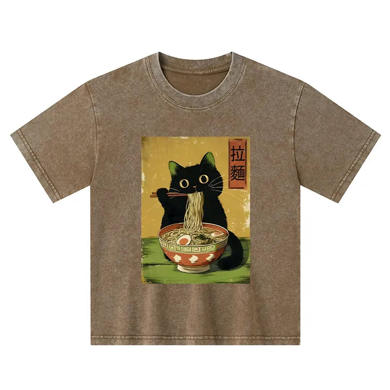 Kyoto-Lion Vintage Japanese Cat Eating Ramen Kids Washed T-Shirt