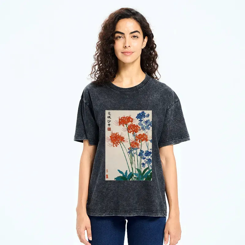 Kyoto-Lion Red Spider Lily Bloom Washed T-Shirt