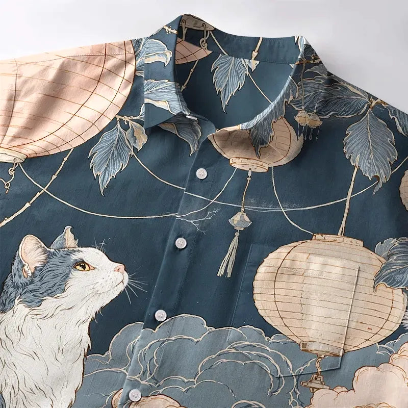 Kyoto-Lion Mystical Cat Amidst Floral Lanterns Button-up Shirt