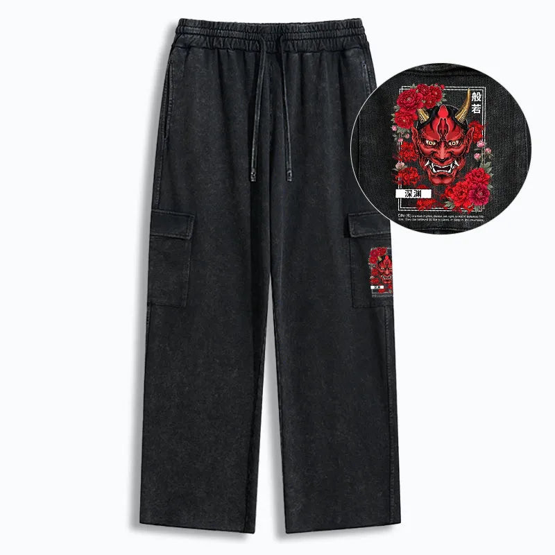 Kyoto-Lion Cool Oni Floral Art Washed Utility Sweatpants