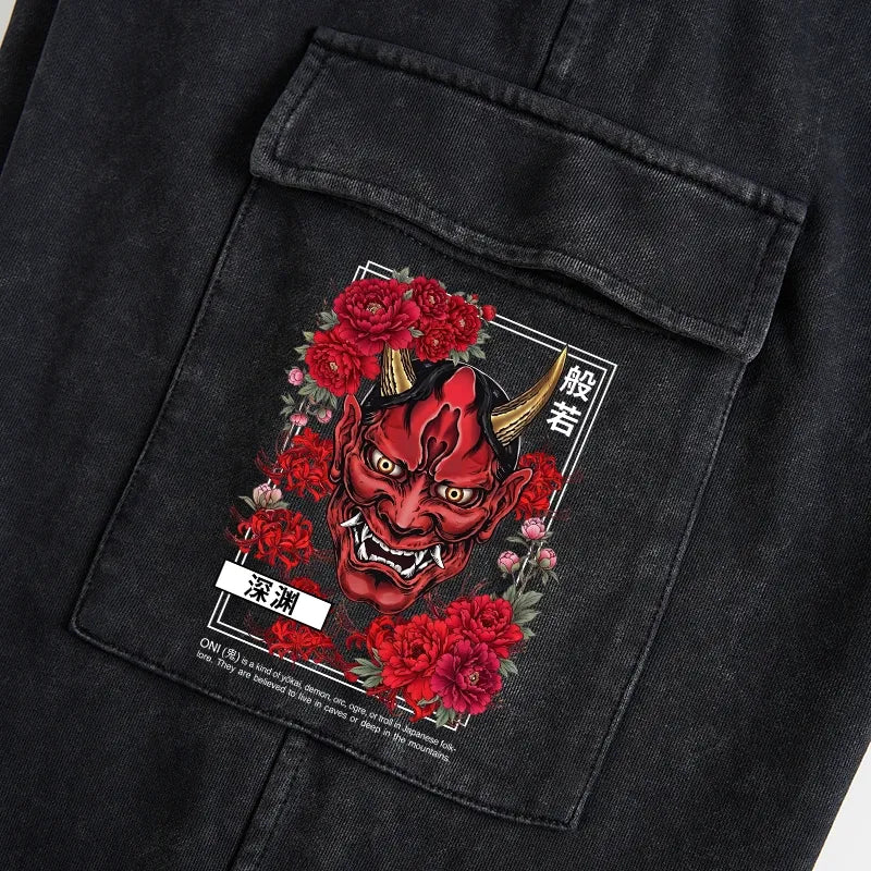 Kyoto-Lion Cool Oni Floral Art Washed Utility Sweatpants