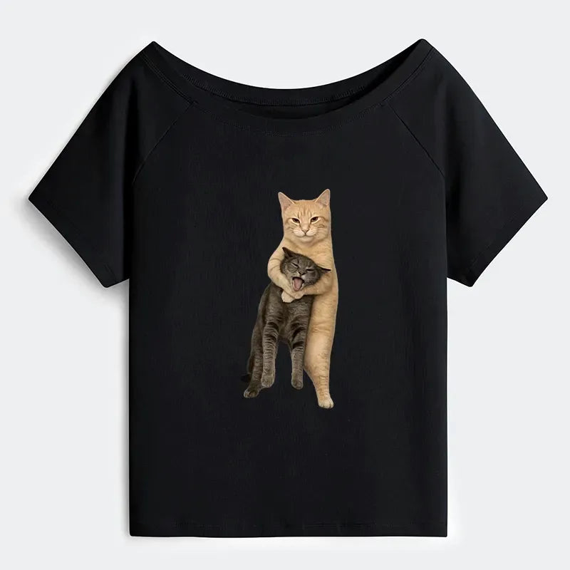 Japanese Off Shoulder Cat T-Shirt