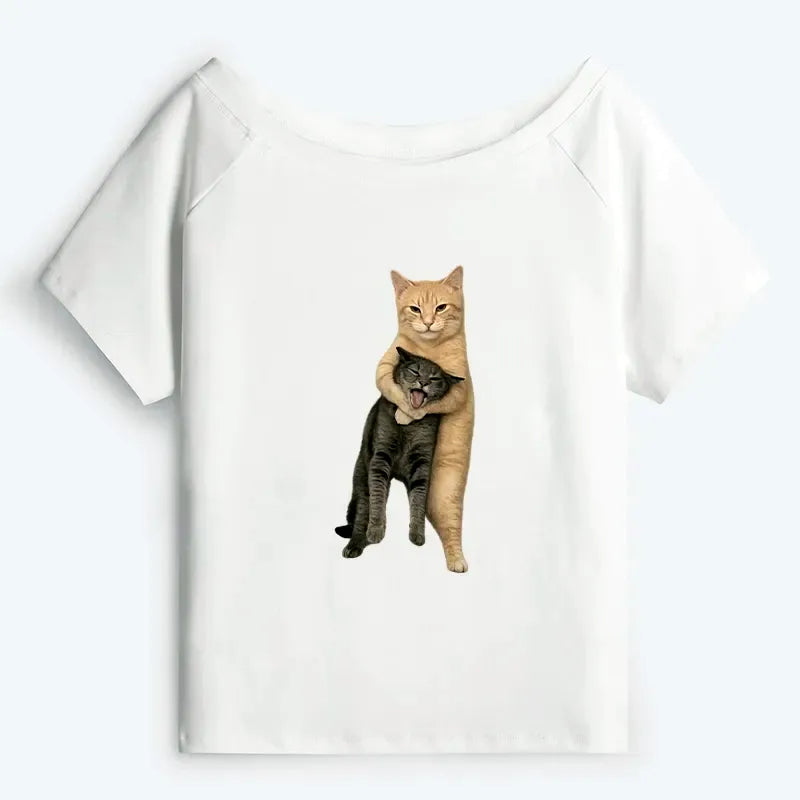 Kyoto-Lion Orange Cat¡¯s Tight Embrace Off Shoulder T-Shirt