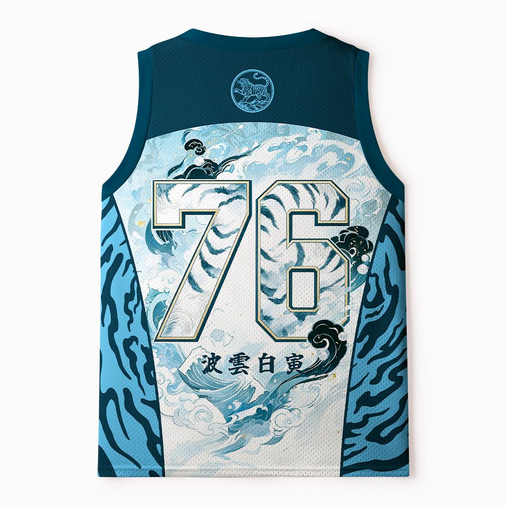 Kyoto-Lion Blue Cloud White Tiger Wave Mesh Tank Top