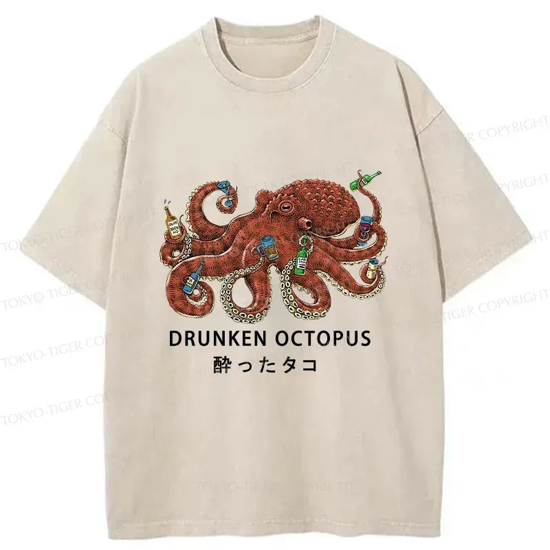 Drinking Octopus Washed T-Shirt for Daily Wear