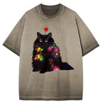 Kyoto-Lion Christmas Lights Cat Gradient Washed T-Shirt