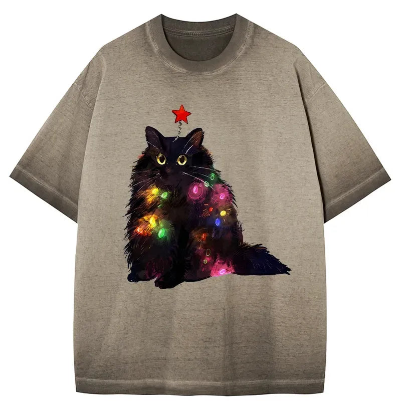 Kyoto-Lion Christmas Lights Cat Gradient Washed T-Shirt
