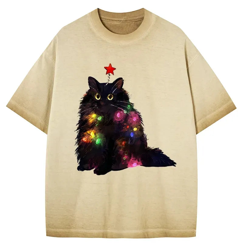 Kyoto-Lion Christmas Lights Cat Gradient Washed T-Shirt