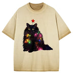 Kyoto-Lion Christmas Lights Cat Gradient Washed T-Shirt