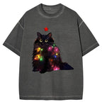 Kyoto-Lion Christmas Lights Cat Gradient Washed T-Shirt