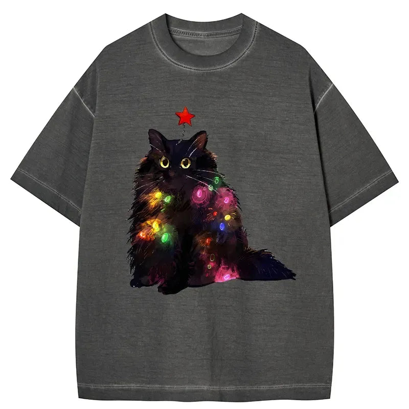 Kyoto-Lion Christmas Lights Cat Gradient Washed T-Shirt