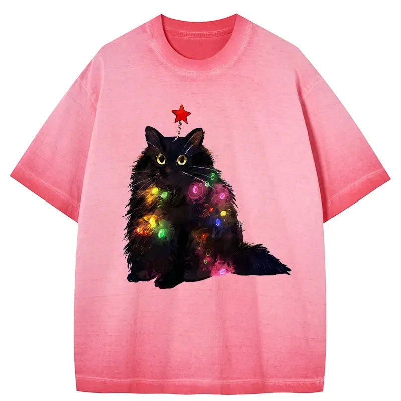 Kyoto-Lion Christmas Lights Cat Gradient Washed T-Shirt