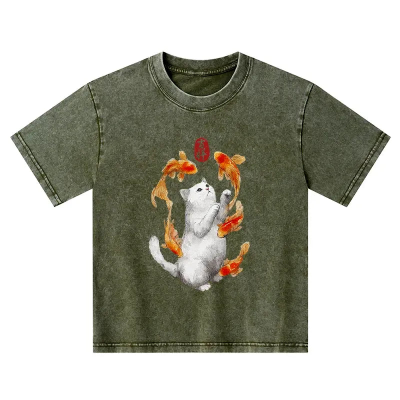 Kyoto-Lion Zen Cat And The Dancing Fish Kids Washed T-Shirt