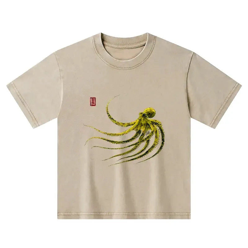 Kyoto-Lion Retro Octopus Japanese Kids Washed T-Shirt