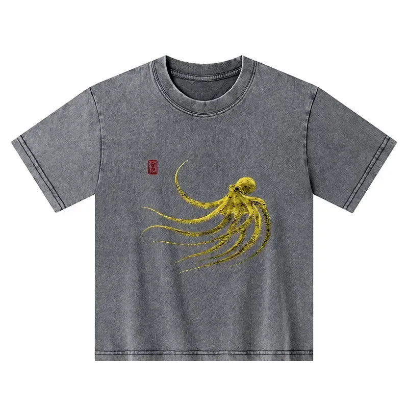 Kyoto-Lion Retro Octopus Japanese Kids Washed T-Shirt