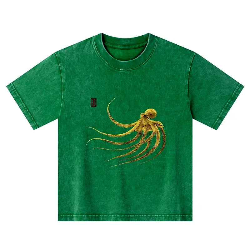 Kyoto-Lion Retro Octopus Japanese Kids Washed T-Shirt