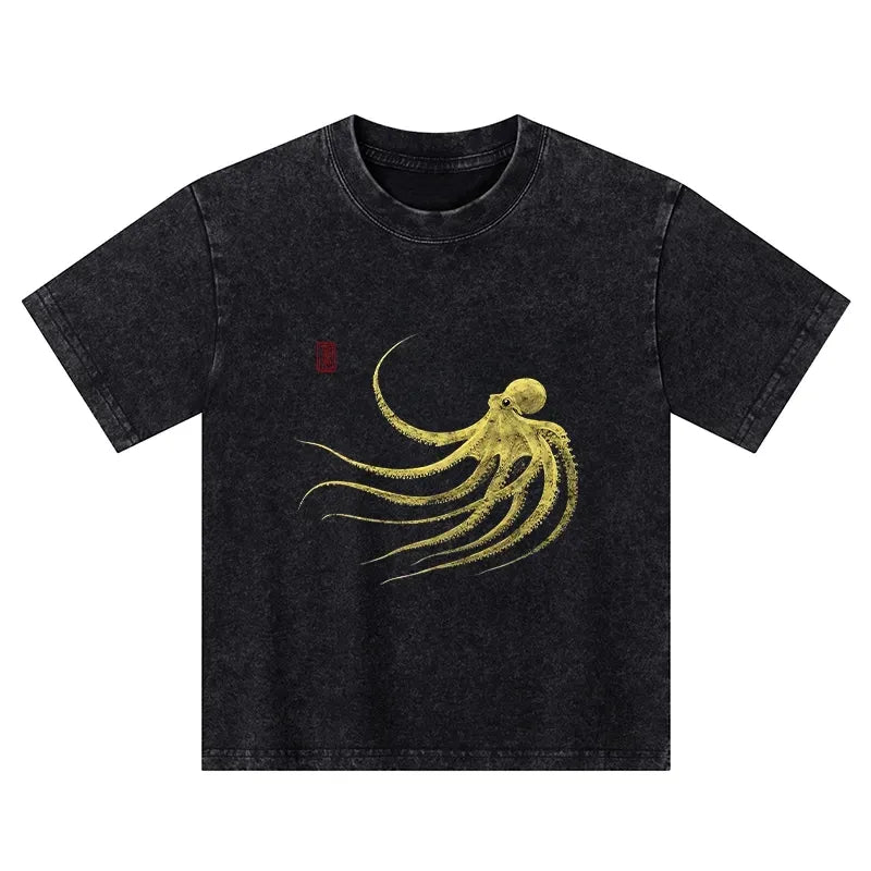 Japanese Retro Octopus Kids T-Shirt for Daily Wear