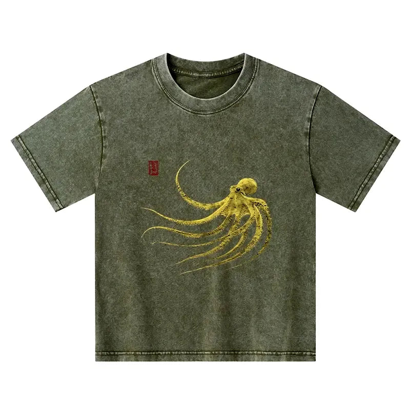 Kyoto-Lion Retro Octopus Japanese Kids Washed T-Shirt