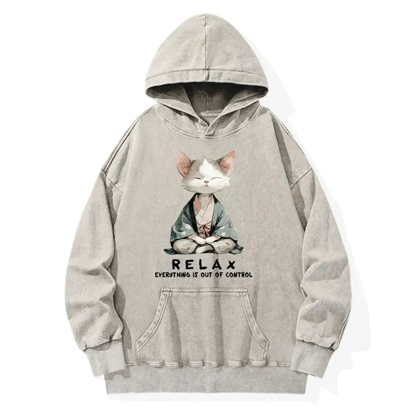 Japanese Zen Cat Washed Hoodie