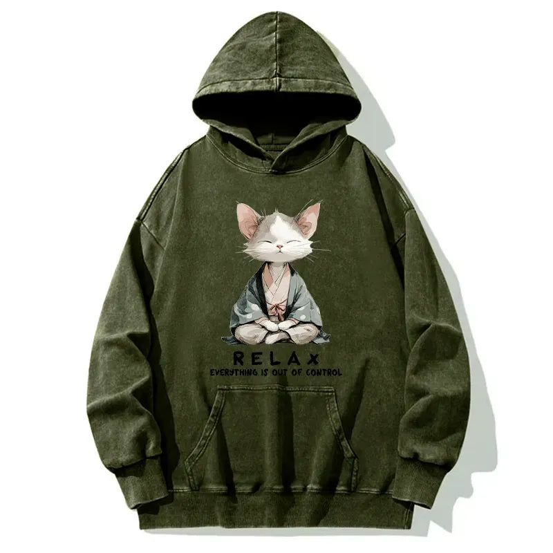 Japanese Zen Cat Washed Hoodie
