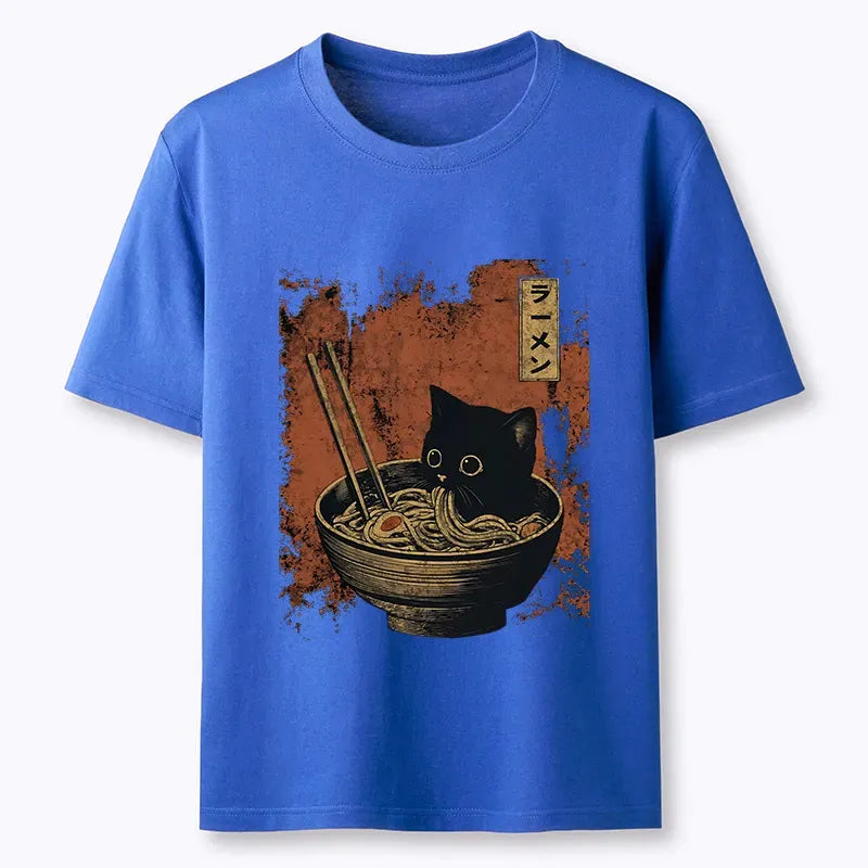 Retro cat eating ramen t-shirt on sale