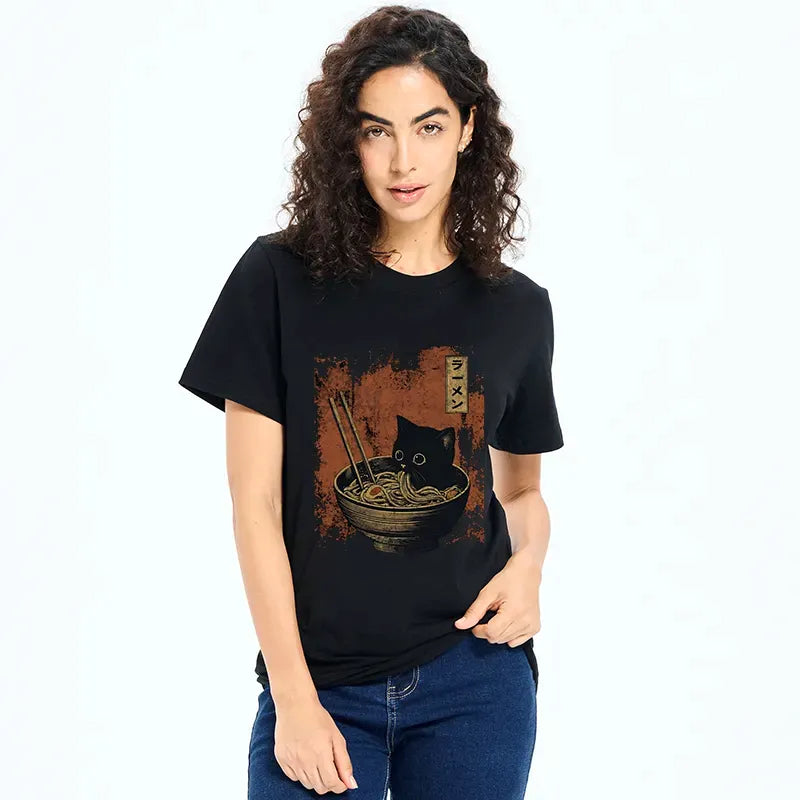 Japanese vintage cat ramen shirt for summer