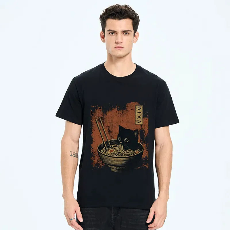 Japanese vintage cat ramen shirt for summer