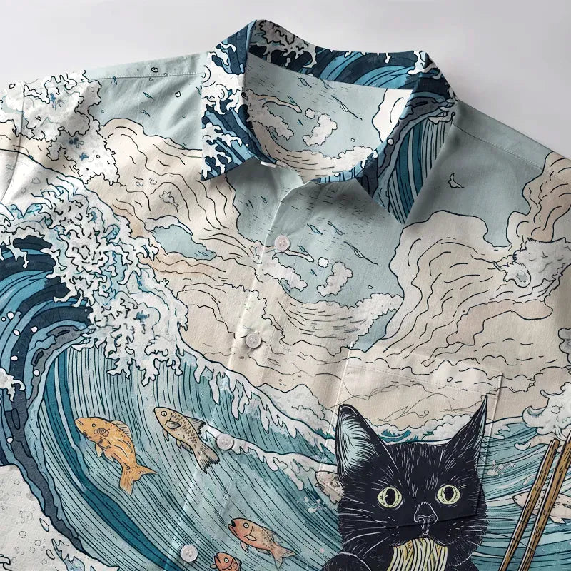 Kyoto-Lion Naughty Cat Eating Ramen Button-up Shirt