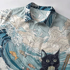 Kyoto-Lion Naughty Cat Eating Ramen Button-up Shirt