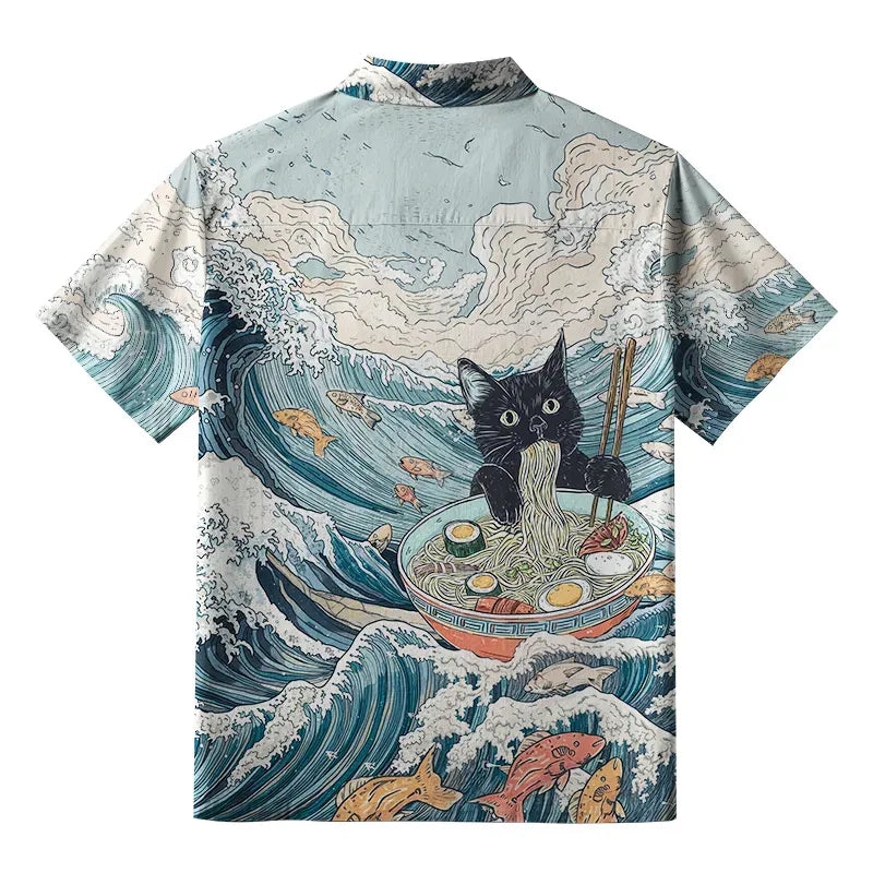 Kyoto-Lion Naughty Cat Eating Ramen Button-up Shirt