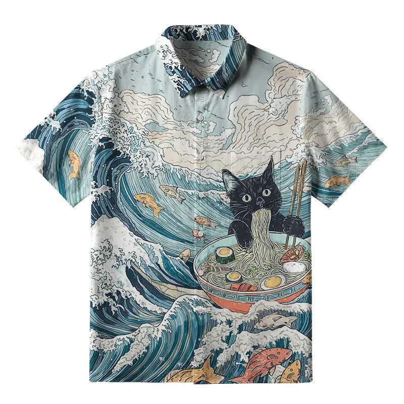 Japanese cat eating ramen button-up shirt