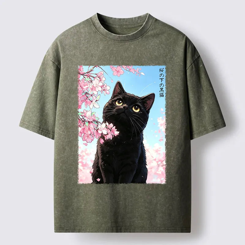 Kyoto-Lion Japanese Sakura Black Cat Washed T-Shirt
