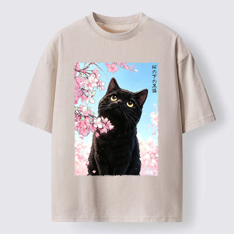 Kyoto-Lion Japanese Sakura Black Cat Washed T-Shirt